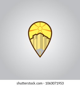 yellow pin location with outline building, city and construction outline isometric logo with sunrise. can use for city and real estate logo and business topic.