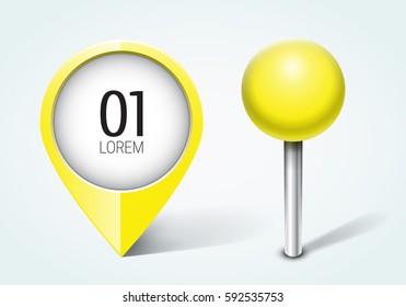 Yellow pin / Map pointer / Location  icon. Concept of route, landmark, adventure, explore. Vector illustration.