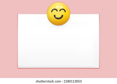 Yellow Pin On Office Paper Sheet Or Sticky Sticker Isolated On A Pink Background. Vector White Post Note With Cute Happy Face For Your Design