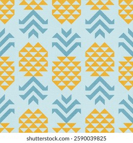 Yellow Pineapple Abstract Geometric Retro Seamless Pattern. Tropical Fruit Vintage Background. Hand Drawn Vector Illustration