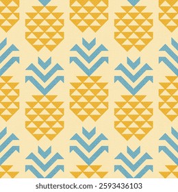Yellow Pineapple Abstract Geometric Retro Seamless Pattern. Tropical Fruit Vintage Background. Hand Drawn Vector Illustration