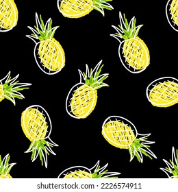 Yellow Pineapple cartoon character seamless pattern on black background.