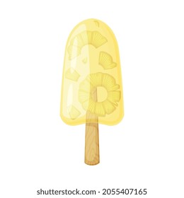 Yellow Pineapple Fruit Ice Cream on Wooden Stick as Frozen Dessert and Sweet Snack Vector Illustration