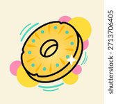 Yellow pineapple fruit slice with retro pop art halftone texture and abstract shapes vector illustration