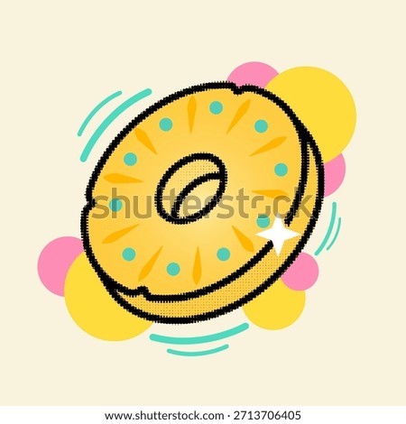 Yellow pineapple fruit slice with retro pop art halftone texture and abstract shapes vector illustration