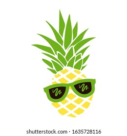Yellow pineapple with green leaves in sunglasses.