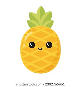 Piña amarilla con ojos kawaii. Ilustración vectorial plana aislada en fondo blanco.
