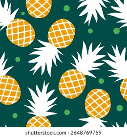 Yellow pineapple pattern on dark green background with dots seamless pattern for fabric, textiles, clothing, wallpaper, cover, banner, home decor, florals backgrounds