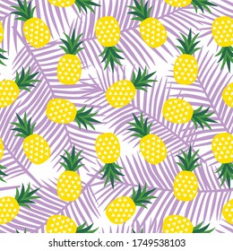 yellow pineapple with triangles geometric fruit summer tropical exotic hawaii sweet pattern on a purple palm leaves background seamless vector