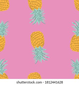 Yellow Pineapple vector background with pink background. Summer colorful tropical textile print.