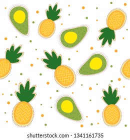 Yellow Pineapples and Avocado Vector Repeat Seamless Pattrern. Colorful tropical fruits seamless pattern.