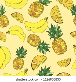 Yellow Pineapples and banana Vector Repeat Seamless Pattrern. Great for fabric, packaging, wallpaper, invitations.Summer pattern.Organic food