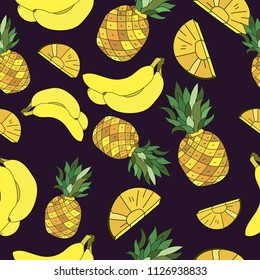 Yellow Pineapples and banana Vector Repeat Seamless Pattrern. Great for fabric, packaging, wallpaper, invitations.Summer pattern.Organic food