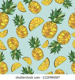  Yellow Pineapples and coconut Vector Repeat Seamless Pattrern. Great for fabric, packaging, wallpaper, invitations.Summer pattern
