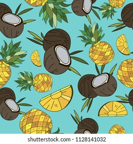  Yellow Pineapples and coconut Vector Repeat Seamless Pattrern. Great for fabric, packaging, wallpaper, invitations.Summer pattern