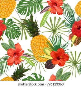 Yellow pineapples, red hibiscus and tropical leaves. Seamless vector pattern.