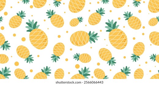 Yellow pineapples seamless pattern. Horizontal repeating pattern with ripe ananas. Vector illustration in doodle style isolated on white background