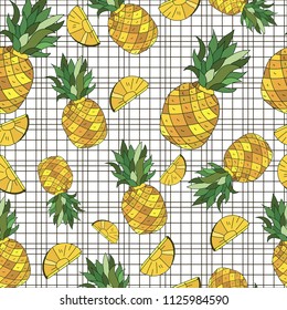  Yellow Pineapples. Vector Repeat Seamless Pattrern. Great for fabric, packaging, wallpaper, invitations.Summer pattern