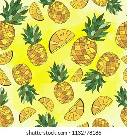  Yellow Pineapples and with watercolor background. Vector Repeat Seamless Pattrern. Great for fabric, packaging, wallpaper, invitations.Summer pattern