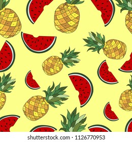  Yellow Pineapples and Watermelon Vector Repeat Seamless Pattrern. Great for fabric, packaging, wallpaper, invitations.