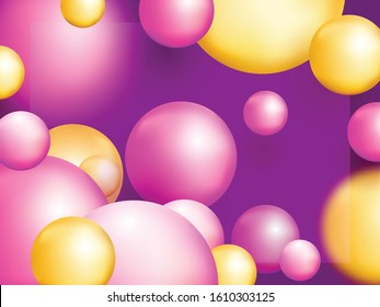 Yellow and Pink 3D Abstract bubbles or geometric balls decorated on purple background.