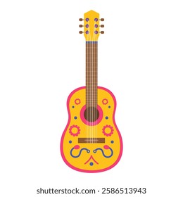 Yellow and pink acoustic guitar decorated with flowers and ornaments. String music instrument. Mexican or brazilian traditional party. Vector flat illustration isolated on white background