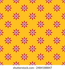 A yellow and pink background with many small red and pink stars. The stars are arranged in a pattern and are of various sizes. Scene is cheerful and playful