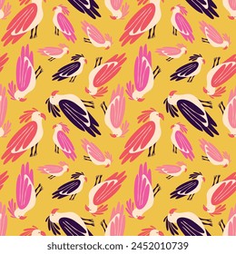 A yellow and pink bird pattern with birds of different colors and sizes. The birds are arranged in a way that creates a sense of movement and energy. Scene is playful and whimsical