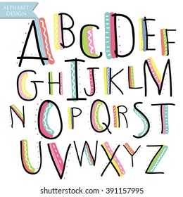 Yellow pink blue green black colorful ink alphabet letters.Hand drawn written