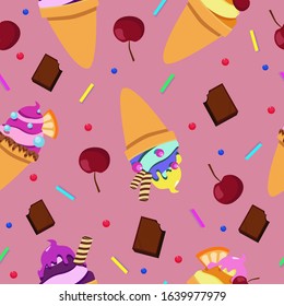 Yellow pink blue ice-cream. Chocolate and cherry on pink background. Vector seamless pattern