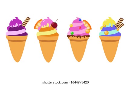Yellow, pink, blue, orange ice-cream cones. Vector bright colorful illustration. 