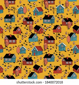 Yellow, pink, blue scandinavian wooden houses and trees without leaves with sheep seamless repeat pattern