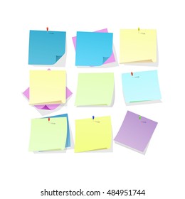 Yellow pink and blue sticky note papers with curled corners pined on board.