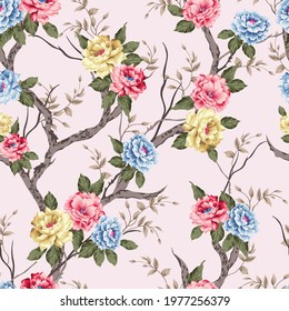 yellow pink and blue vector flowers with leaves pattern on pink background