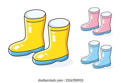 Yellow, pink and blue wellies gum boots isolated