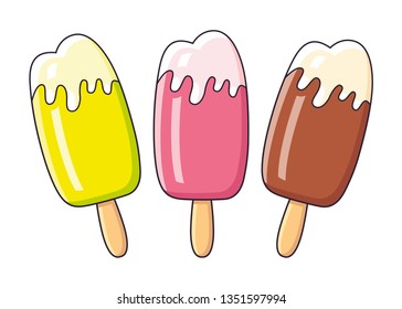 Yellow, pink and chocolate ice cream sundae popsicle on a stick isolated.