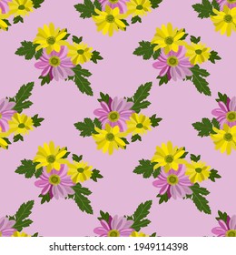 Yellow and pink chrysanthemums on a pink background. Pattern for textile, fabric, background, material, wallpaper, packaging paper.