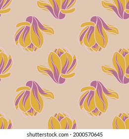 Yellow and pink colored magnolia flowers seamless pattern. Pastel background. Vintage print. Vector illustration for seasonal textile prints, fabric, banners, backdrops and wallpapers.