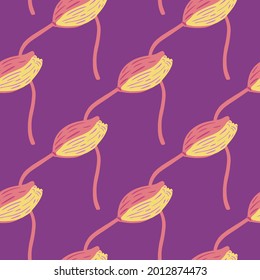 Yellow and pink colored poppy bud flower elements seamless pattern. Light purple background. Pastel colors. Stock illustration. Vector design for textile, fabric, giftwrap, wallpapers.