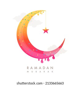 Yellow And Pink Crescent Moon Dripping With A Star Hang On White Background For Ramadan Mubarak Concept.