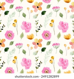 yellow pink cute floral watercolor seamless pattern