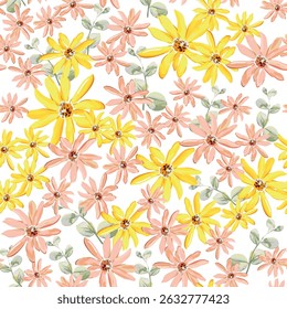 Yellow and pink daisy flowers, green leaves, white background. Floral illustration. Vector seamless pattern. Botanical design. Summer meadow 