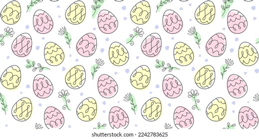 Yellow and pink decorative Easter eggs, twigs, flowers and inflorescences on a white background with spots. Festive endless texture. Vector seamless pattern for festive design, surface texture, print