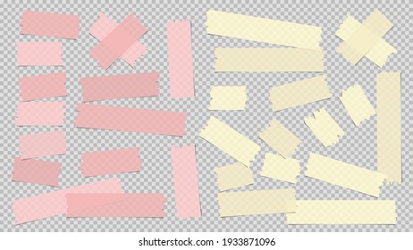 Yellow and pink different size adhesive, sticky, masking, duct tape, paper pieces are on grey transparent, squared background