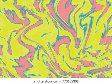 Yellow and pink digital marbling background. Liquid surface backdrop. Colorful suminagashi vector for web design or festival invitation. Fluid color pattern. Traditional Turkish ebru 