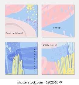 Yellow pink doodled on blue.Hand drawn creative invitation greeting cards. Poster, placard, flayer, design templates. Anniversary, Birthday, wedding, party cards set of 4. Isolated on layer.