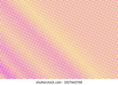 Yellow pink dotted halftone. Diagonal  subtle dotted gradient. Half tone vector background. Artificial texture. Pink dot on yellow backdrop. Pastel pop art design template. Glitch halftone texture