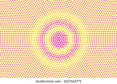 Yellow pink dotted halftone. Radial contrast dotted gradient. Half tone vector background. Artificial texture. Pink dot on yellow backdrop. Pastel pop art design template. Glitch halftone texture