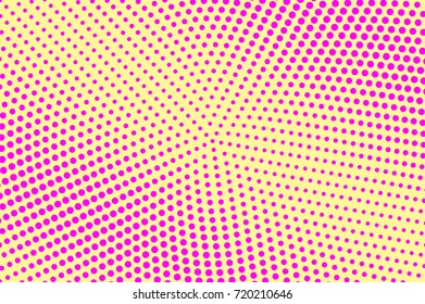 Yellow and pink dotted halftone vector background. Round gradient halftone pattern. Retro style halftone banner template. Vivid neon dotted pattern. Abstract dotted backdrop. Pop art design