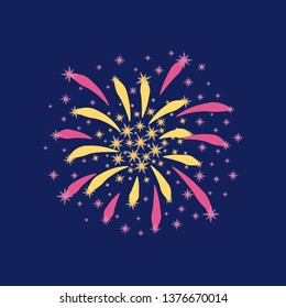 Yellow and pink firework with sparks on a dark background. Vector illustration.